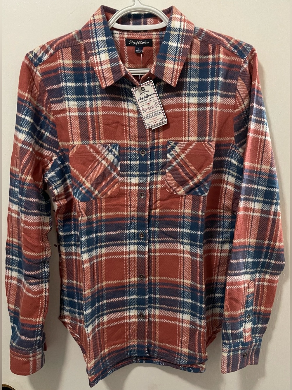 Flag & Anthem Women’s Salmon Blue Plaid Button-Up Long Sleeve Shirt Size Small S